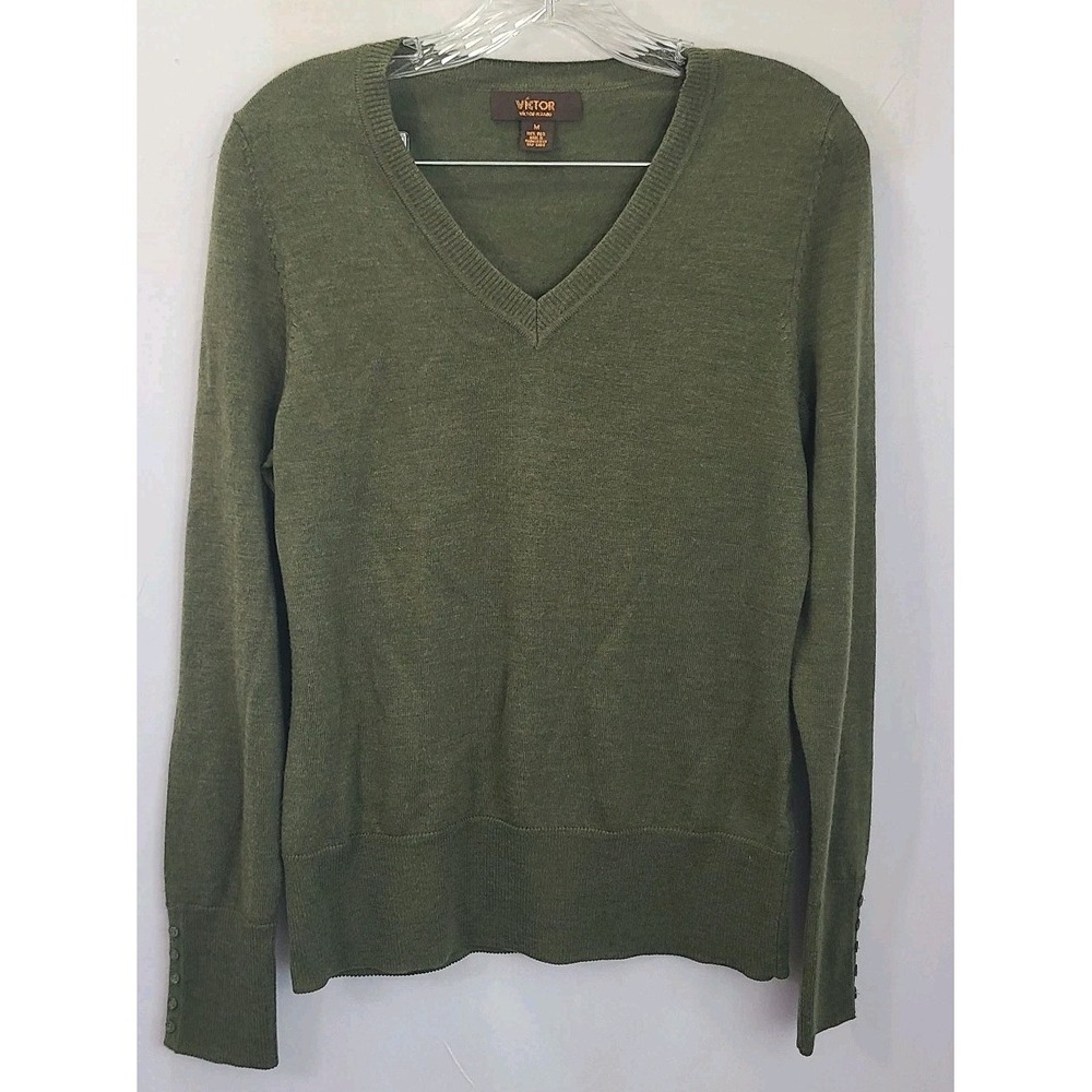 Victor Alfaro Size Medium Khaki Green Minimalist Wool Sweater Earthy V-Neck